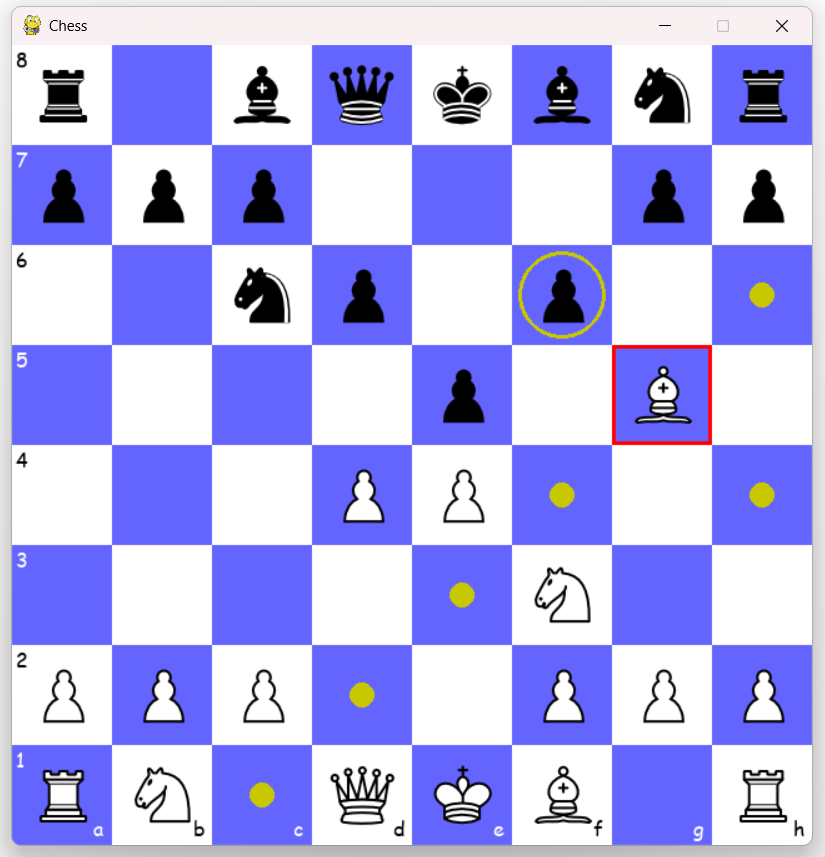 A selected Bishop showing its legal moves as yellow dots and a capturable pawn circled in yellow