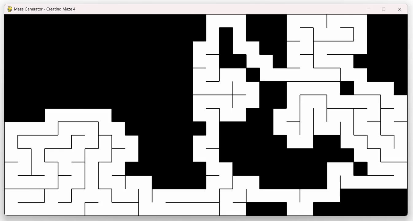 A maze partway through generation, showing carved passages alongside unvisited black space