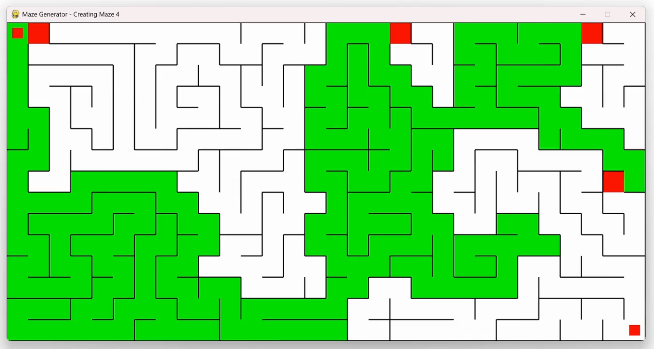 A maze mid-solve, showing green closed cells and red open frontier cells spreading through the passages