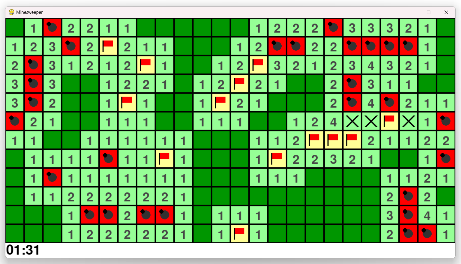 A finished Minesweeper board after hitting a bomb, showing revealed bombs, correctly flagged bombs, and incorrect flags crossed out with an X