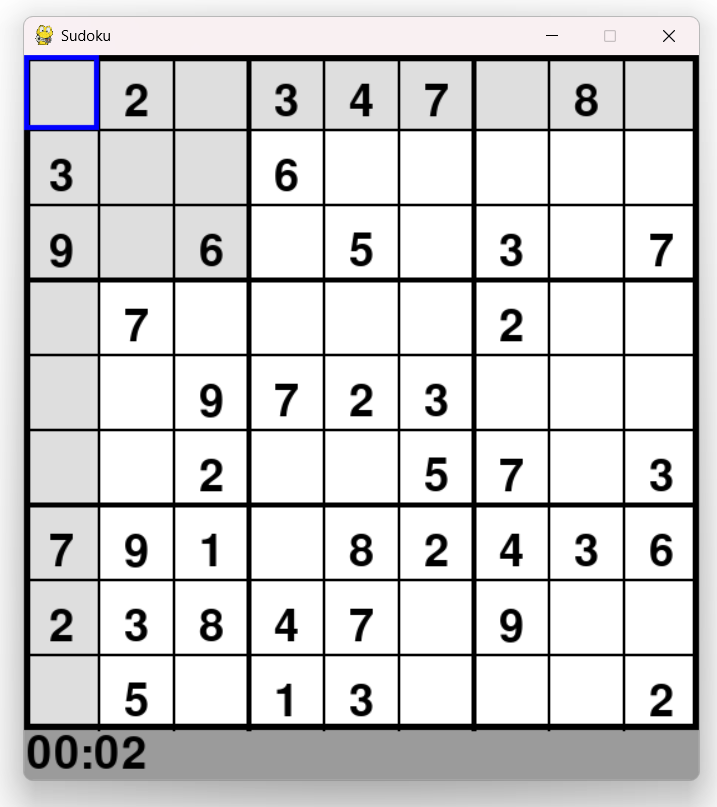 A freshly generated Sudoku puzzle with the top-left cell selected