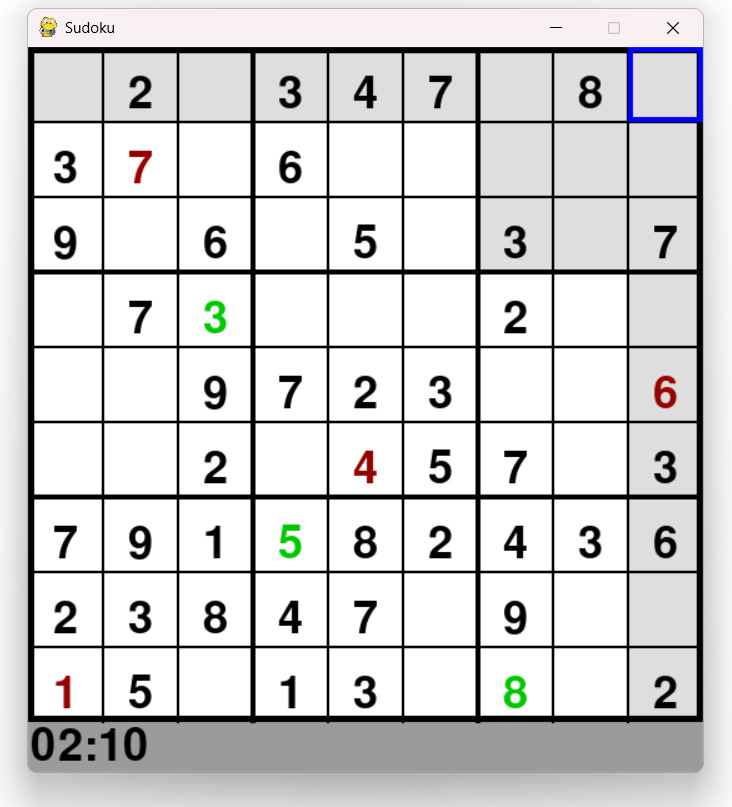 A Sudoku puzzle partway through, showing valid entries in green and invalid entries in red