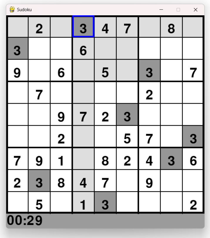 A Sudoku puzzle showing every cell containing the number 3 highlighted in grey