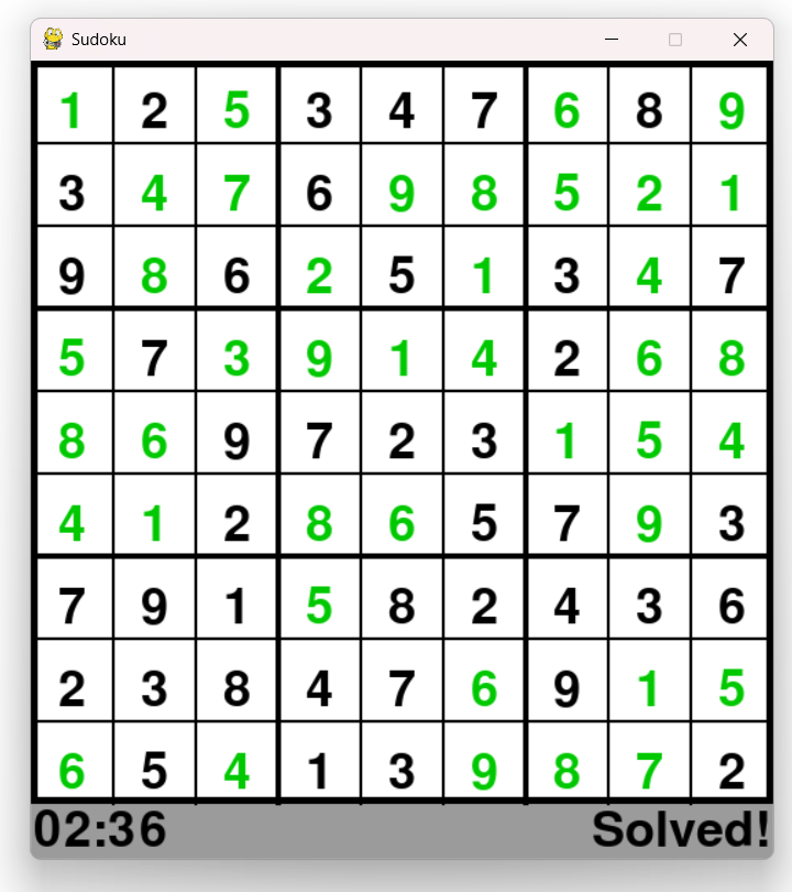 A completed Sudoku puzzle showing the Solved label and final time